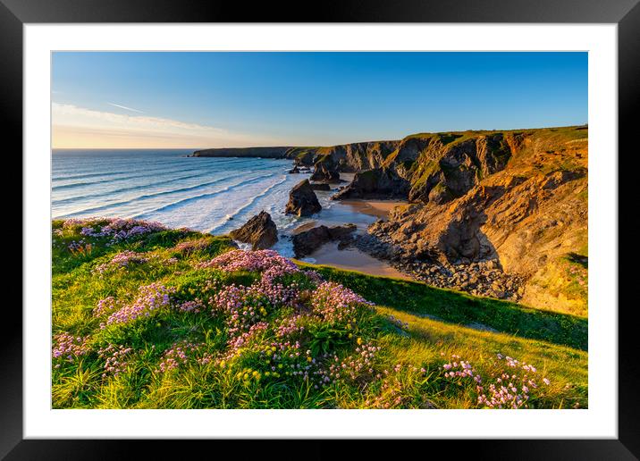 Bedruthan Steps Cornwall in Spring Framed Mounted Print by Michael Brookes