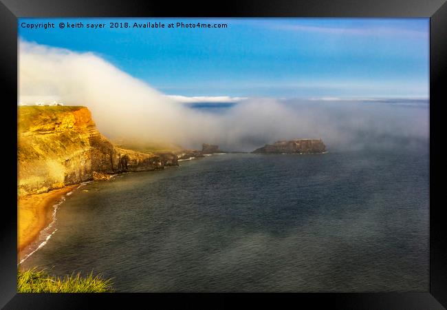 Saltwick Bay as the fog rolls in  Framed Print by keith sayer