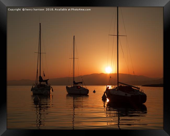 Boats on the med sunset Framed Print by henry harrison