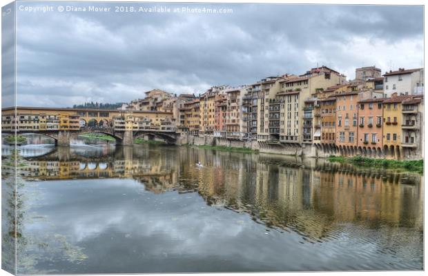 Ponte Vecchio and the river Arno Florence. Canvas Print by Diana Mower