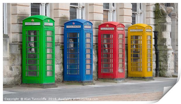 Colourful telephone boxes Print by Alan Tunnicliffe