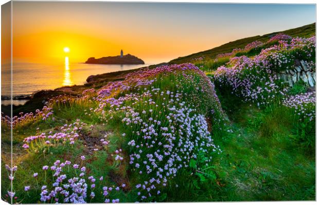 Godrevy lighthouse at sunset Canvas Print by Michael Brookes