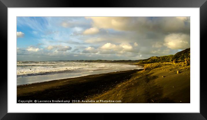 Sunset at Raglan Beach, New Zealand Framed Mounted Print by Lawrence Bredenkamp