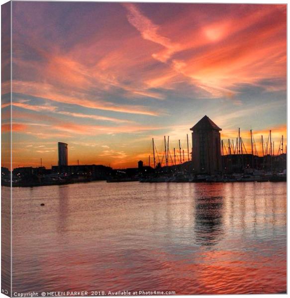 Sunset over Swansea Marina Canvas Print by HELEN PARKER