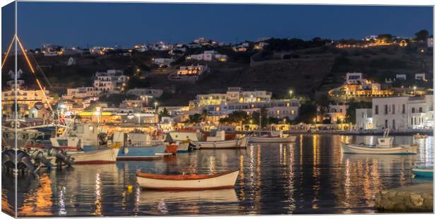 Fishing boats at night in Mykonos town Canvas Print by Naylor's Photography