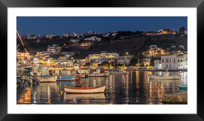 Fishing boats at night in Mykonos town Framed Mounted Print by Naylor's Photography
