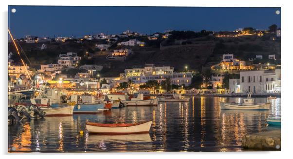 Fishing boats at night in Mykonos town Acrylic by Naylor's Photography