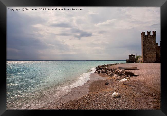 Sirmione public beach and Scaliger Castle Framed Print by Jim Jones