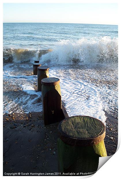 Waves crashing on beach at Winchelsea Print by Sarah Harrington-James