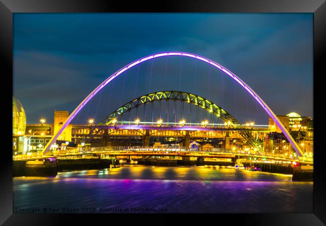 Newcastle Bridges At Night  Framed Print by Paul Gibson
