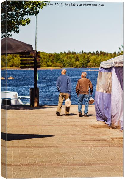 Two Men Carrying Bread Bags At The Market Canvas Print by Jukka Heinovirta