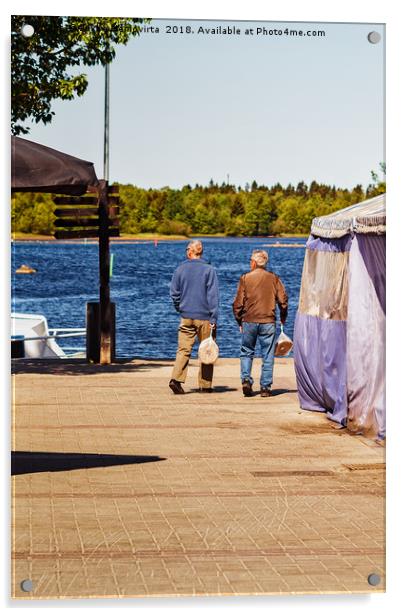 Two Men Carrying Bread Bags At The Market Acrylic by Jukka Heinovirta