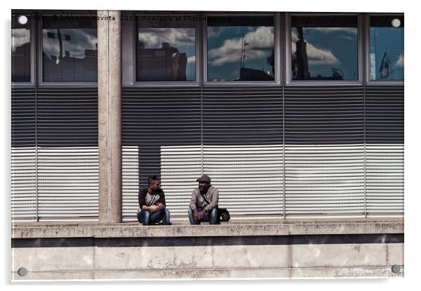 Two Men Chatting By The Pier Acrylic by Jukka Heinovirta
