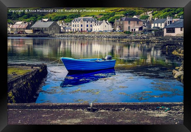 Blue Boat At The Waterfront, Scalloway, Shetland Framed Print by Anne Macdonald
