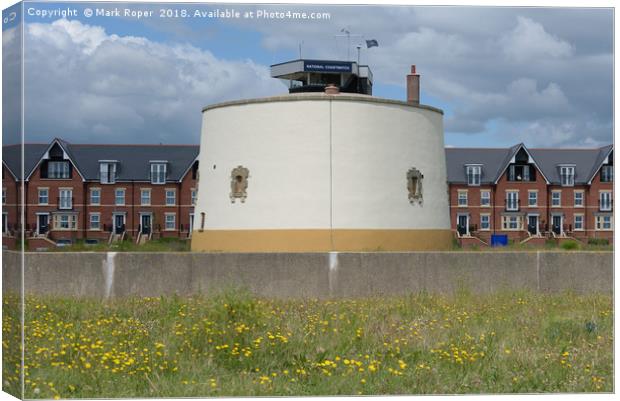 Martello tower at Felixstowe with houses behind Canvas Print by Mark Roper
