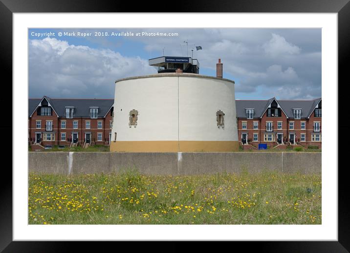 Martello tower at Felixstowe with houses behind Framed Mounted Print by Mark Roper