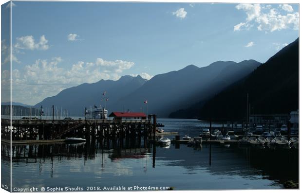 Mountains and sunlight, Horseshoe Bay ferry port,  Canvas Print by Sophie Shoults