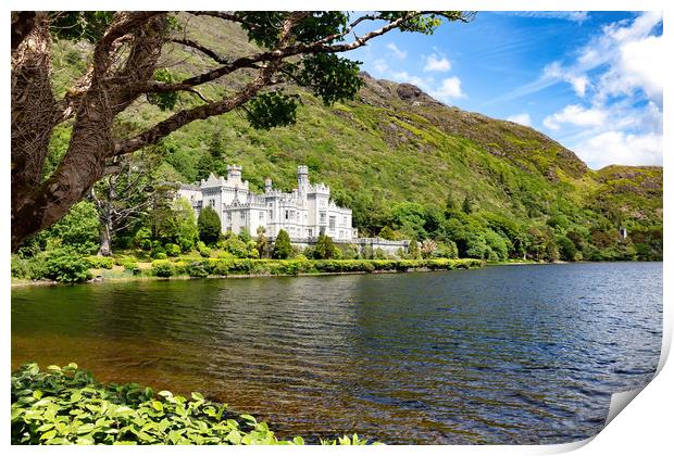 Kylemore Abbey in Connemara mountains with lake in Print by Thomas Baker