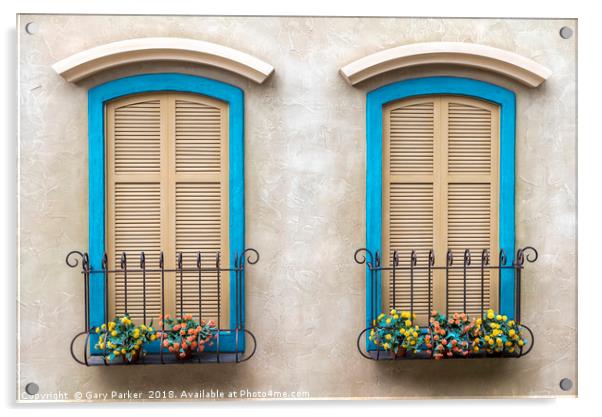 Two quaint windows, with bright blue frames Acrylic by Gary Parker