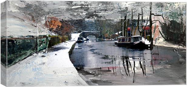 Narrowboat on the icy canal at Uppermill Canvas Print by JEAN FITZHUGH