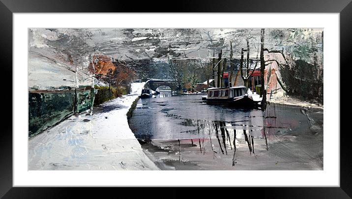 Narrowboat on the icy canal at Uppermill Framed Mounted Print by JEAN FITZHUGH