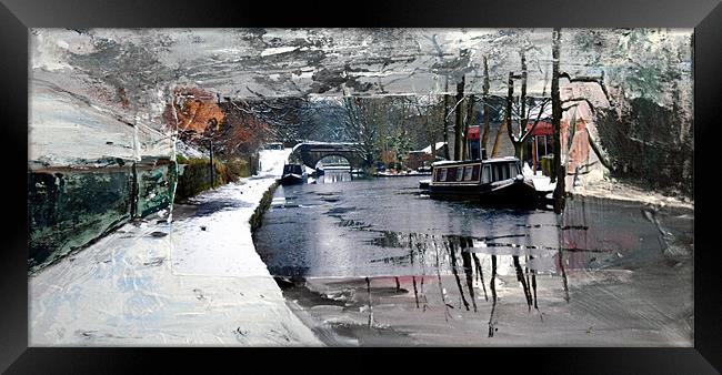 Narrowboat on the icy canal at Uppermill Framed Print by JEAN FITZHUGH