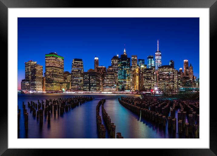 The New York City Skyline at night from DUMBO Broo Framed Mounted Print by George Robertson