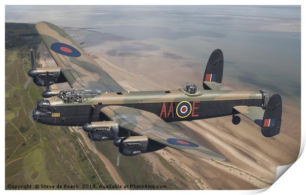 Avro Lancaster of 75 Squadron RAF crosses the coas Print by Steve de Roeck