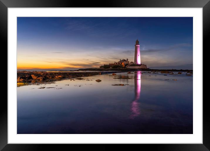 St. Mary's Lighthouse - Midnight Light Framed Mounted Print by Paul Appleby