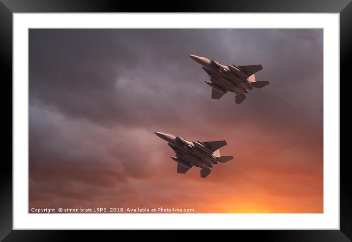 Two low flying F-15E Strike Eagles at sunset Framed Mounted Print by Simon Bratt LRPS