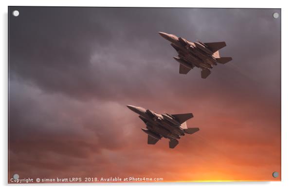 Two low flying F-15E Strike Eagles at sunset Acrylic by Simon Bratt LRPS