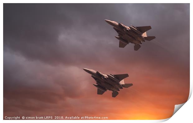 Two low flying F-15E Strike Eagles at sunset Print by Simon Bratt LRPS