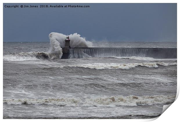 Stormy seas over South Shields Pier Print by Jim Jones