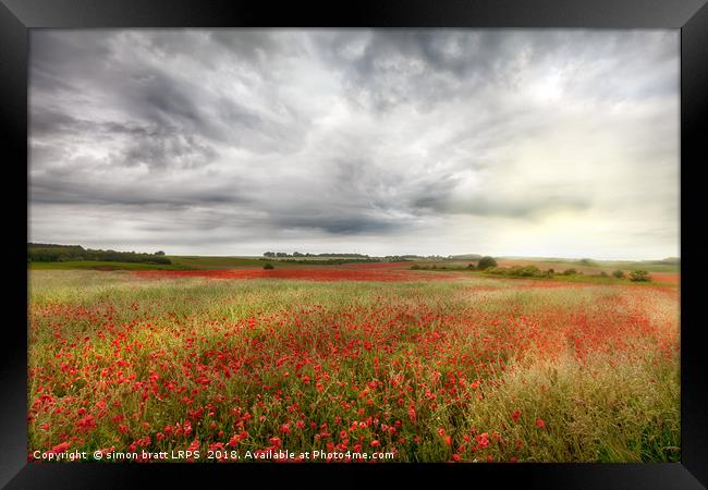 Vast wild red poppy fields landscape Framed Print by Simon Bratt LRPS
