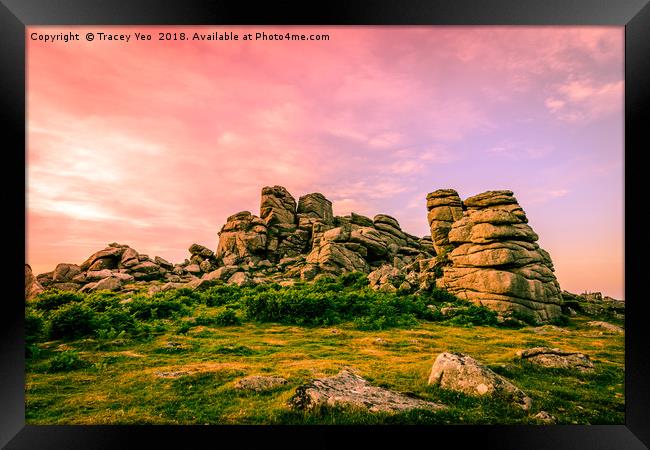Sunset Over Hound Tor. Framed Print by Tracey Yeo