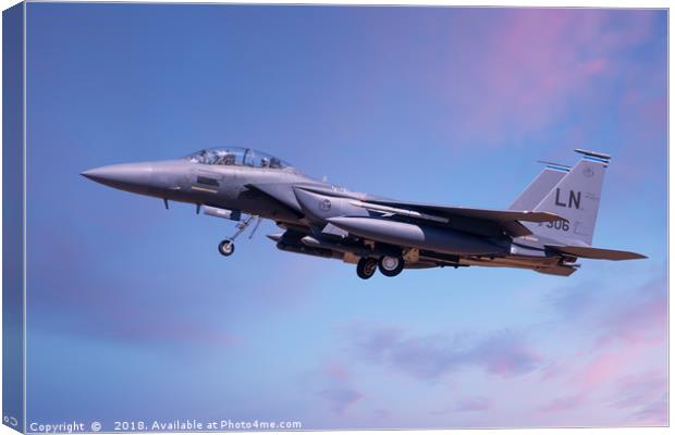 F15 coming into land lowering landing gear Canvas Print by Simon Bratt LRPS