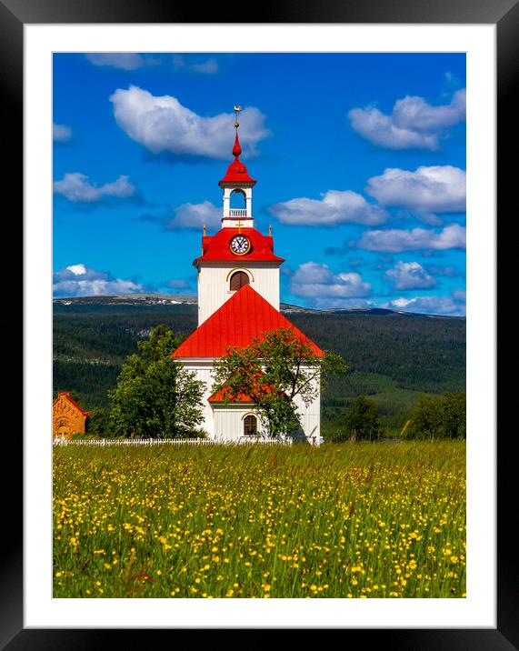 The beautiful Church of Klövsjö in Sweden on a sum Framed Mounted Print by Hamperium Photography