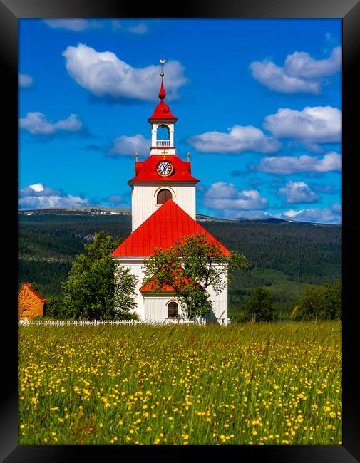 The beautiful Church of Klövsjö in Sweden on a sum Framed Print by Hamperium Photography