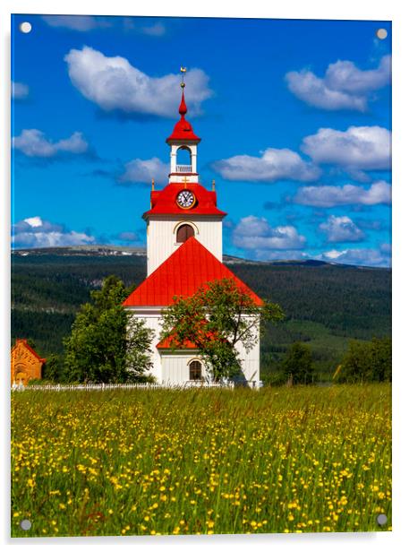 The beautiful Church of Klövsjö in Sweden on a sum Acrylic by Hamperium Photography