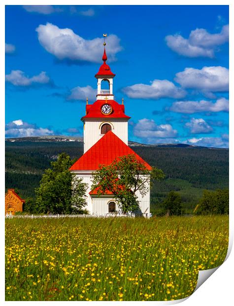 The beautiful Church of Klövsjö in Sweden on a sum Print by Hamperium Photography