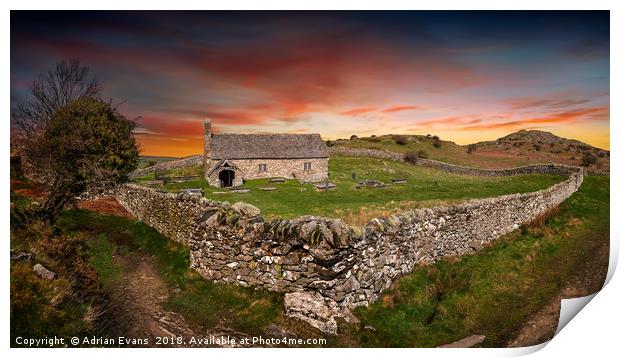 St Celynnin Church Sunset Print by Adrian Evans