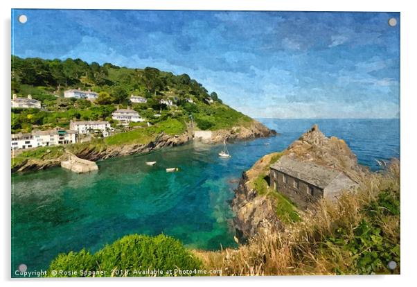 Looking down on Polperro and The Old Net Loft Acrylic by Rosie Spooner