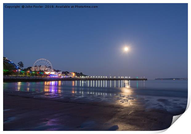 Torquay Seafront By Moonlight Print by John Fowler