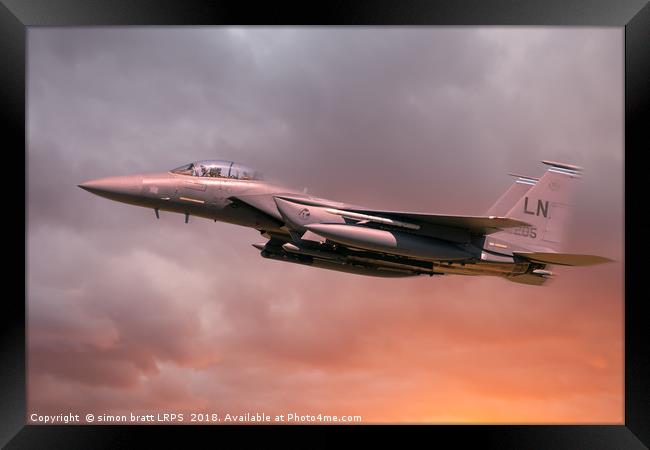 RAF Lakenheath Suffolk F-15 Eagle in flight with o Framed Print by Simon Bratt LRPS