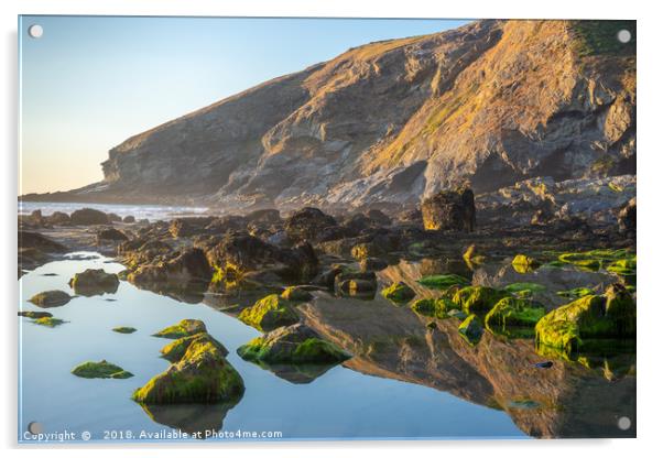 Tregardock Beach Rock reflections in Cornwall Acrylic by KB Photo
