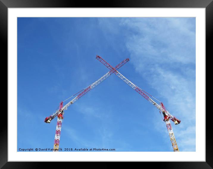 Two White Red Construction Tower Cranes Crossing t Framed Mounted Print by David Katrenčík