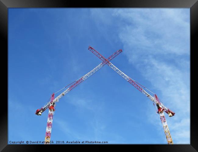Two White Red Construction Tower Cranes Crossing t Framed Print by David Katrenčík