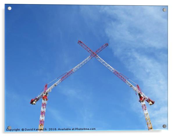 Two White Red Construction Tower Cranes Crossing t Acrylic by David Katrenčík