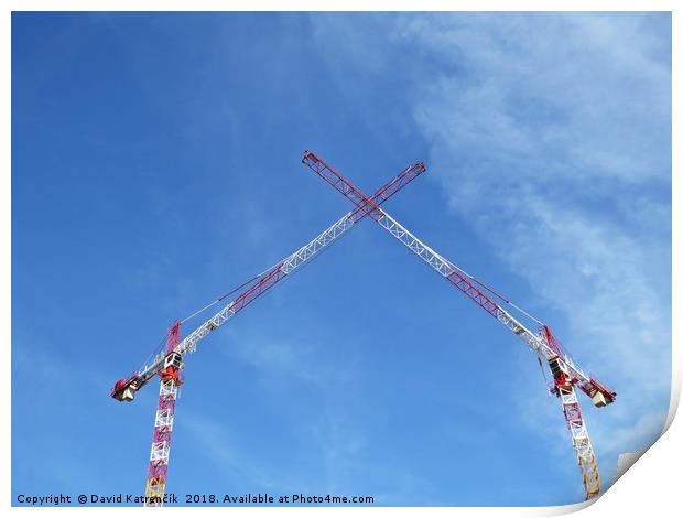 Two White Red Construction Tower Cranes Crossing t Print by David Katrenčík