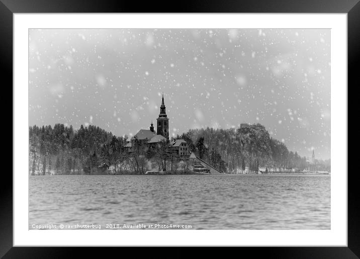 Wintry Bled Island Mono Framed Mounted Print by rawshutterbug 